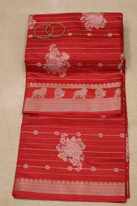 Dola Silk Saree- Red Rose Zari Lines Rose