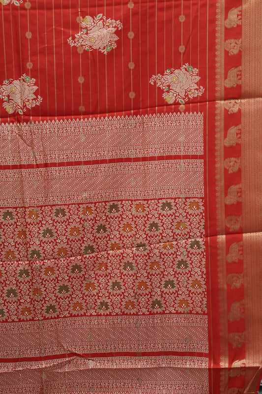 Dola Silk Saree- Red Rose Zari Lines Rose