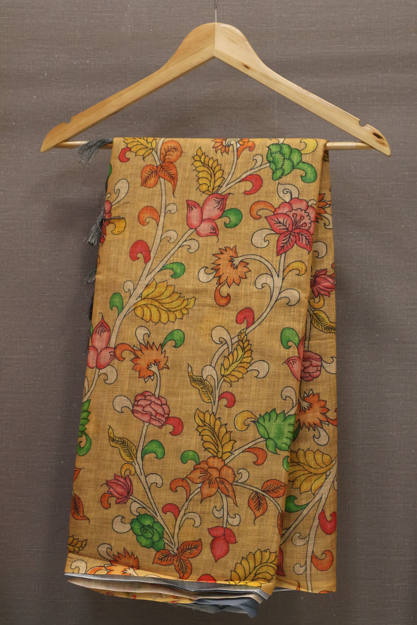 Semi Linen Saree Kalamkari Print -Beige