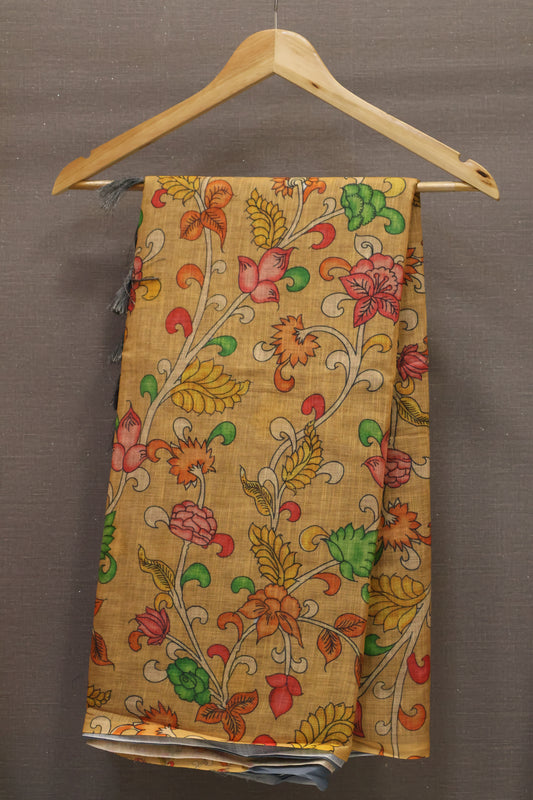 Semi Linen Saree Kalamkari Print -Beige