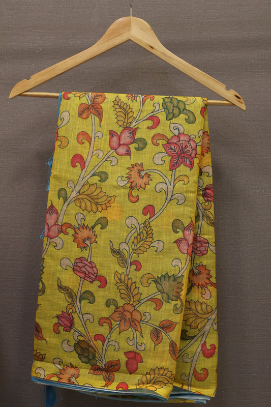 Semi Linen Saree Kalamkari Print -Yellow