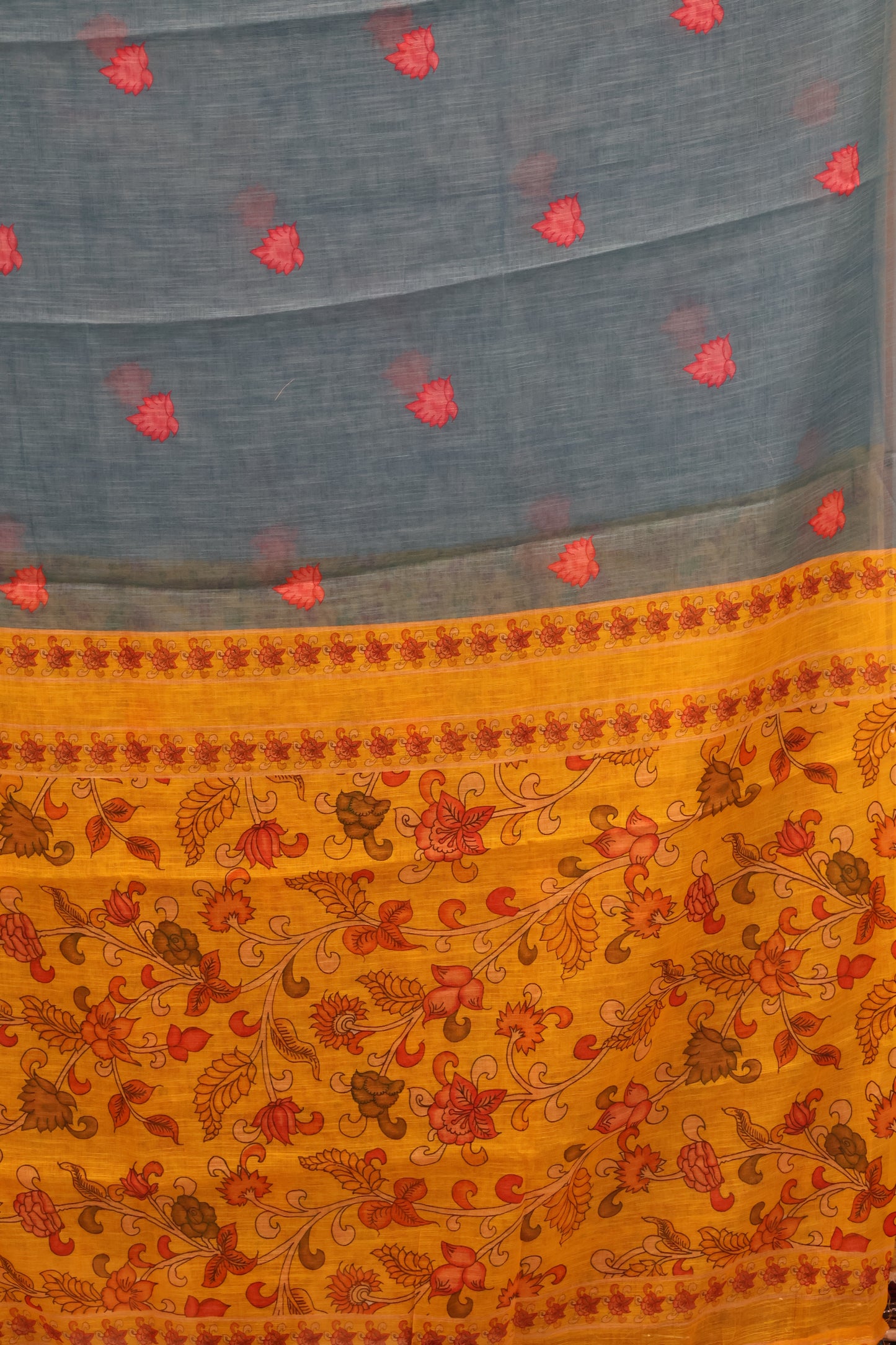 Semi Linen Saree Kalamkari Print -Yellow