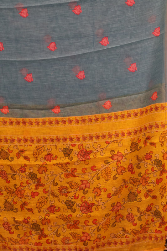 Semi Linen Saree Kalamkari Print -Yellow