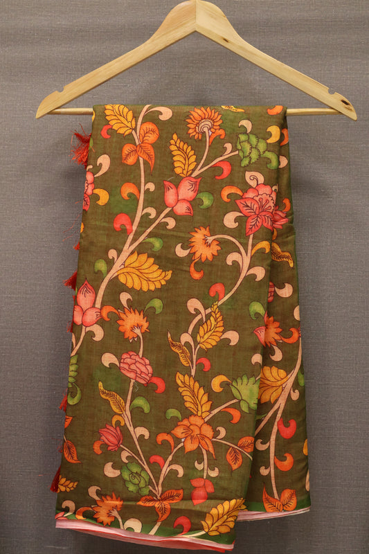 Semi Linen Saree Kalamkari Print -Manthulir Green