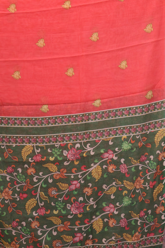 Semi Linen Saree Kalamkari Print -Manthulir Green