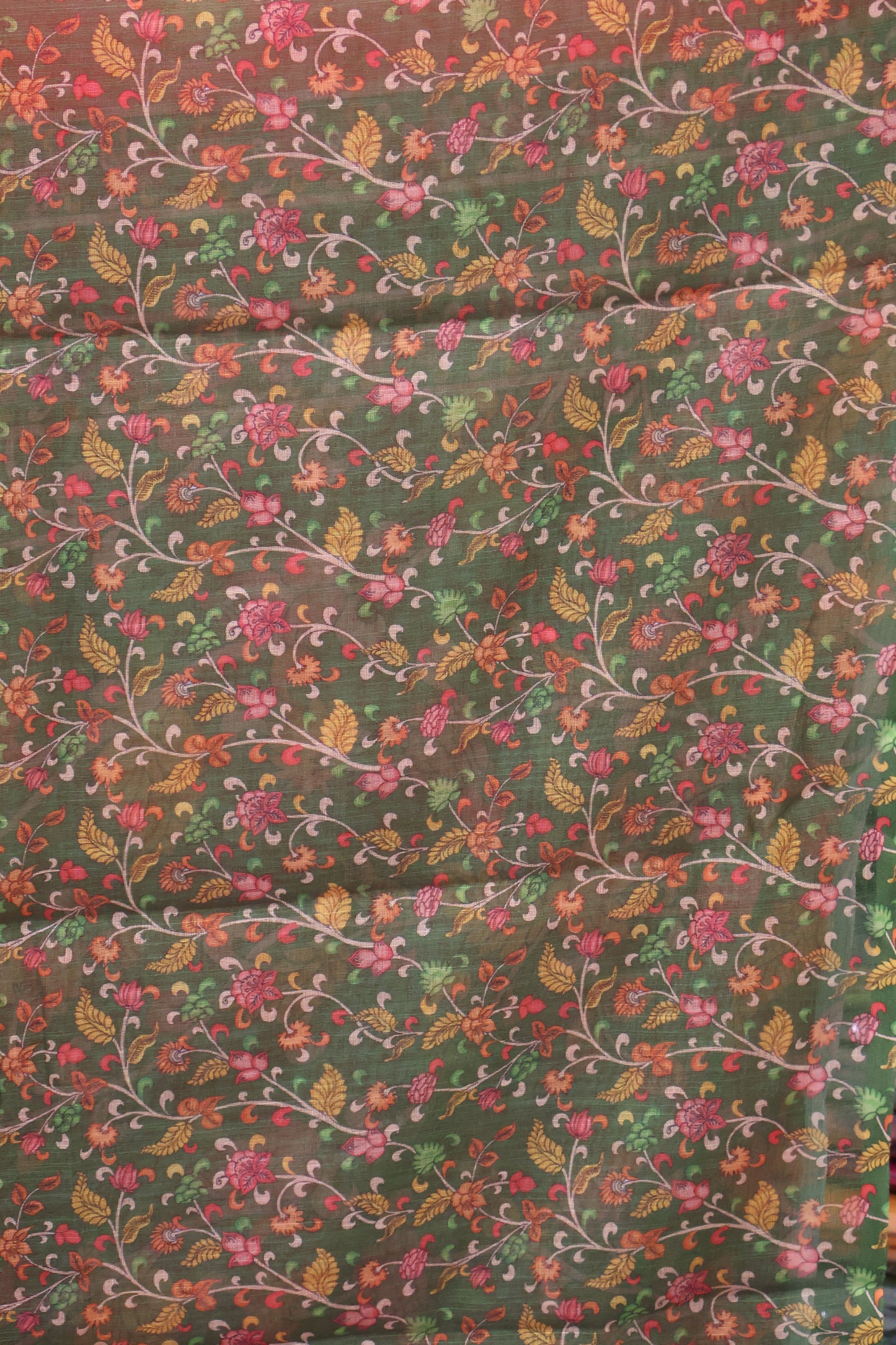 Semi Linen Saree Kalamkari Print -Manthulir Green