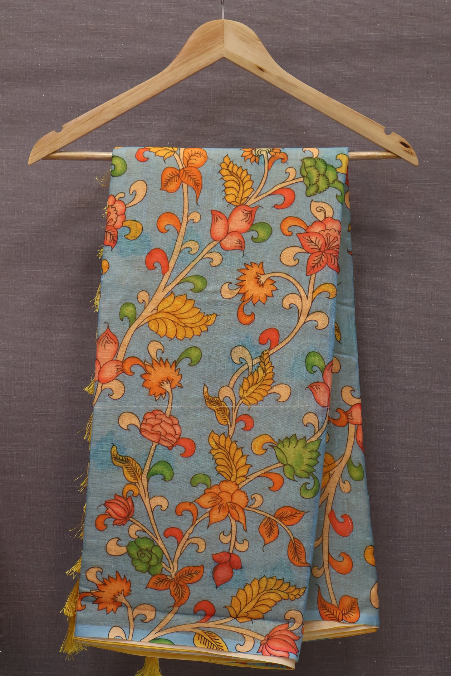 Semi Linen Saree Kalamkari Print -Sky Blue