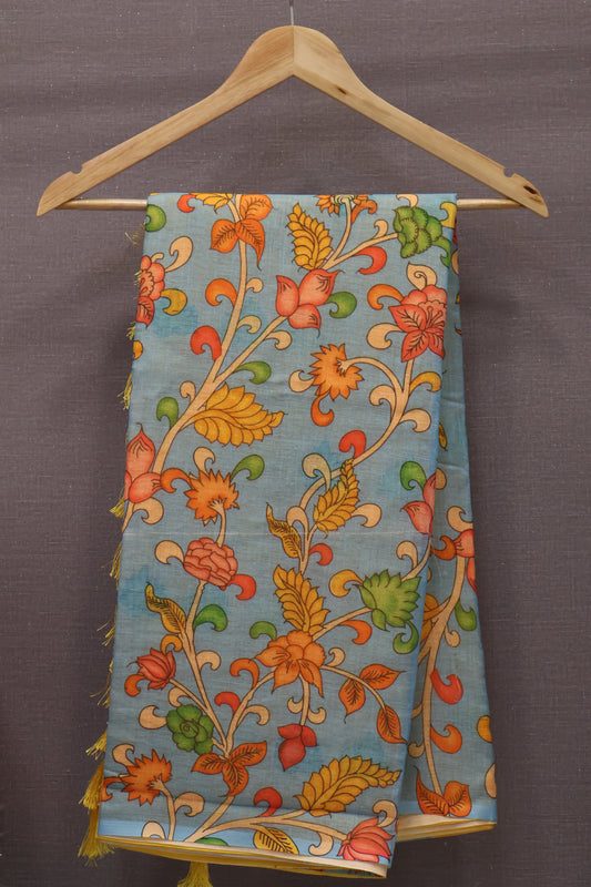Semi Linen Saree Kalamkari Print -Sky Blue