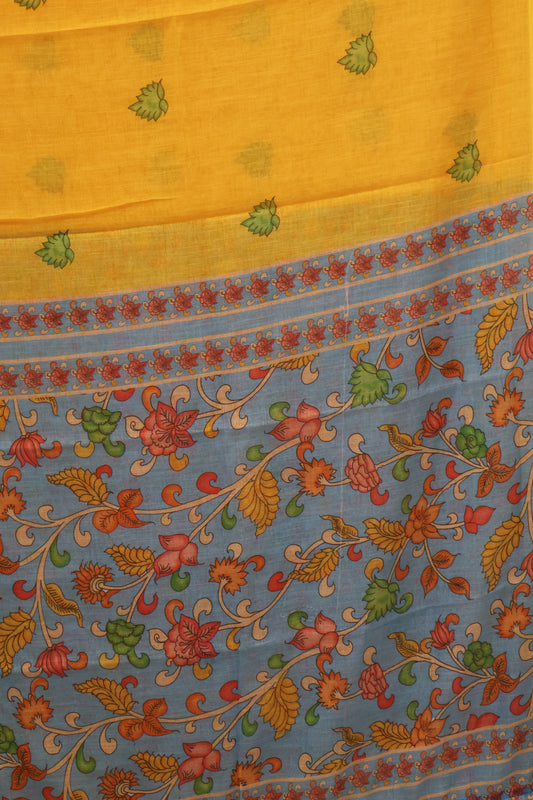 Semi Linen Saree Kalamkari Print -Sky Blue
