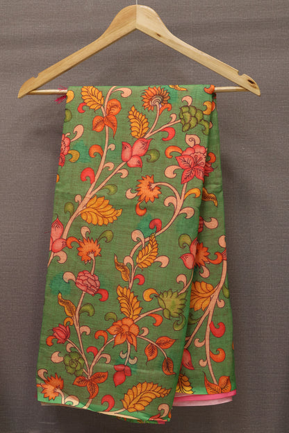Semi Linen Saree Kalamkari Print -Green