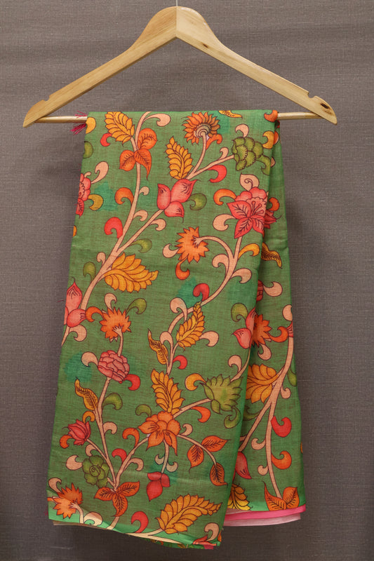 Semi Linen Saree Kalamkari Print -Green