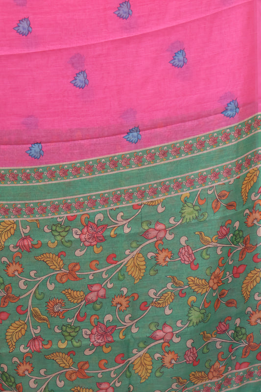 Semi Linen Saree Kalamkari Print -Green