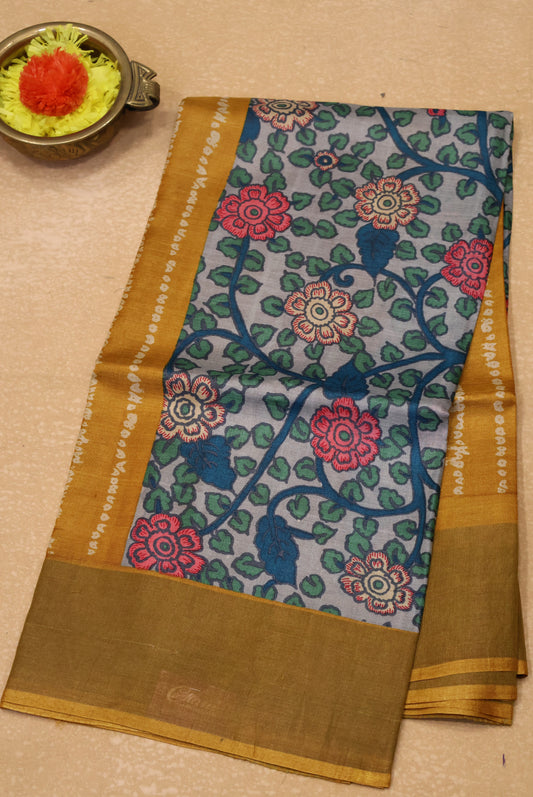 Pure Tussar Saree - Mustard Dot Lines