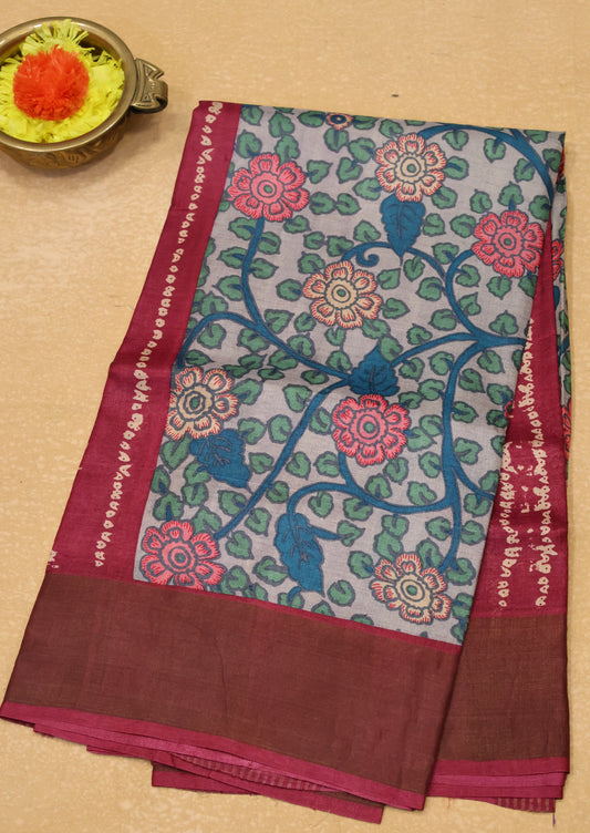 Pure Tussar Saree -Wine Dot Lines