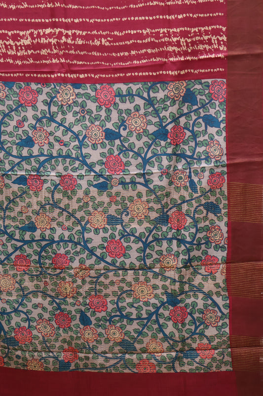 Pure Tussar Saree -Wine Dot Lines