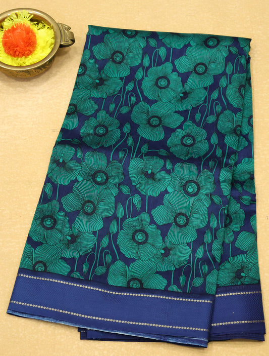 Pure Chanderi Saree -Blue Floral Double Border
