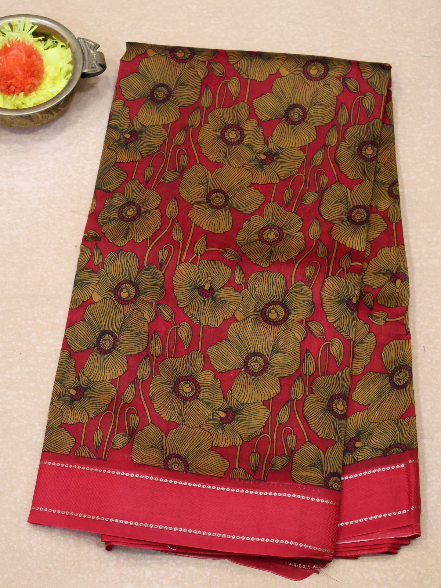 Pure Chanderi Saree -Red Floral Double Border