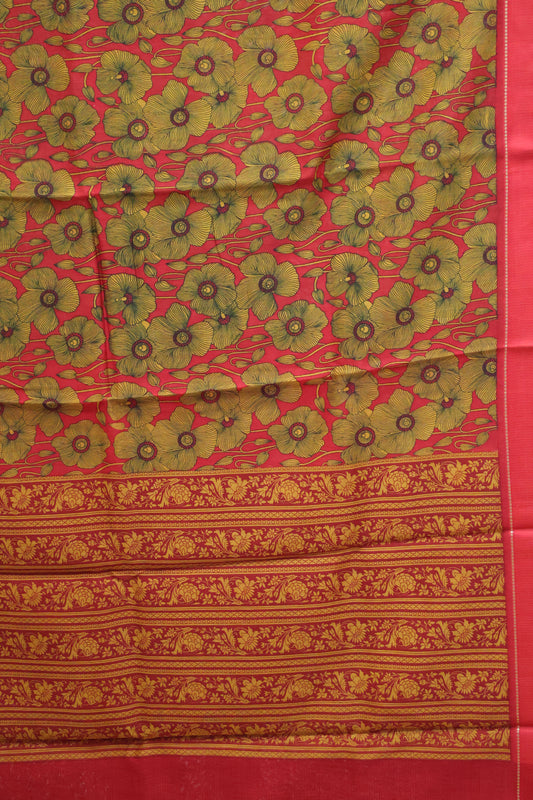 Pure Chanderi Saree -Red Floral Double Border