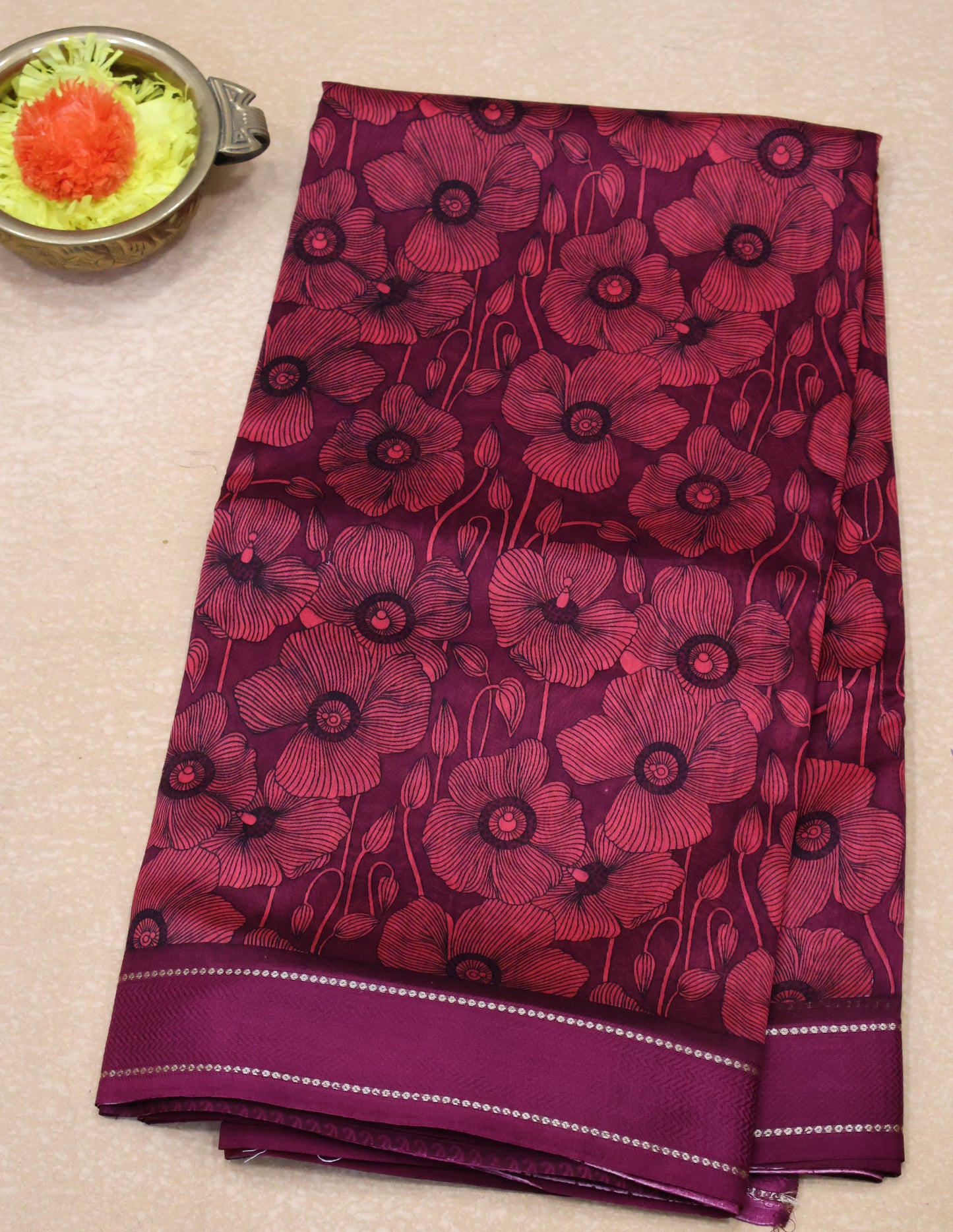 Pure Chanderi Saree -Wine Floral Double Border