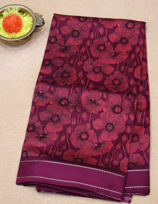 Pure Chanderi Saree -Wine Floral Double Border