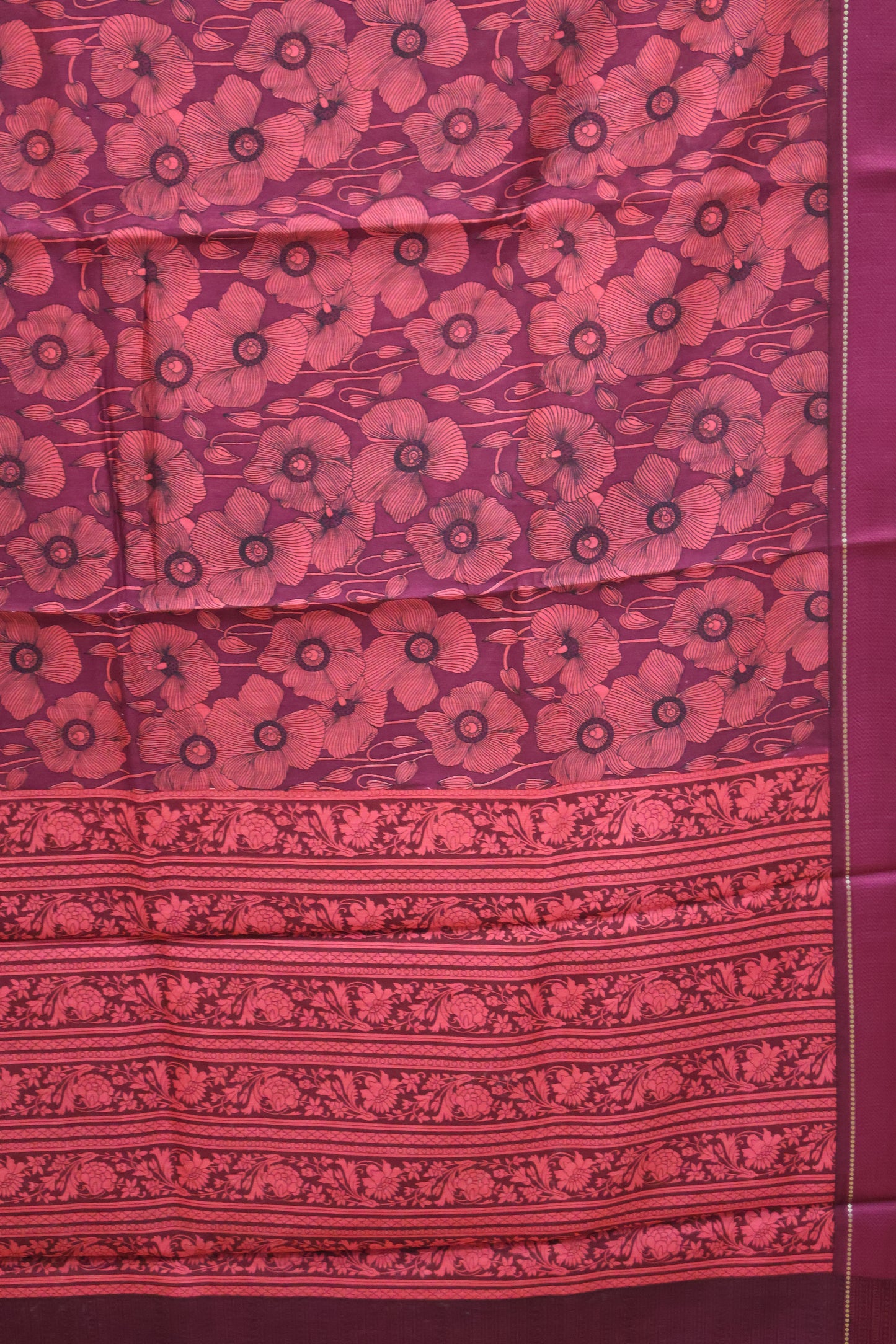 Pure Chanderi Saree -Wine Floral Double Border