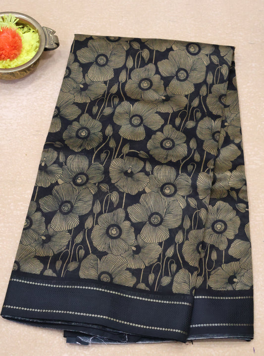 Pure Chanderi Saree -Black Floral Double Border