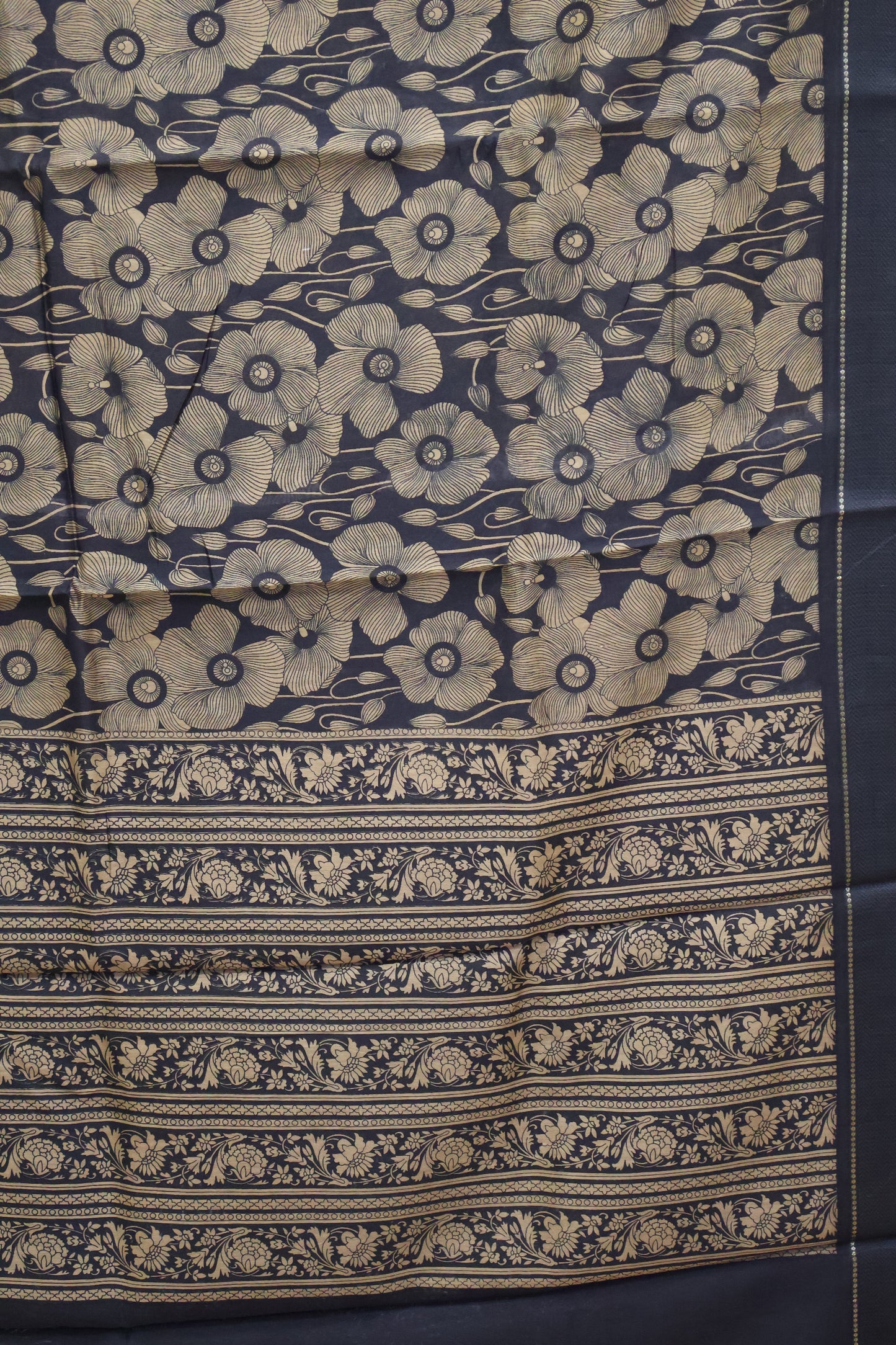 Pure Chanderi Saree -Black Floral Double Border
