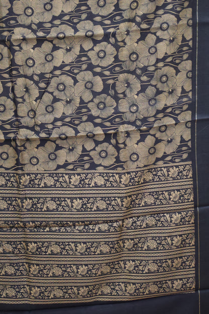 Pure Chanderi Saree -Black Floral Double Border