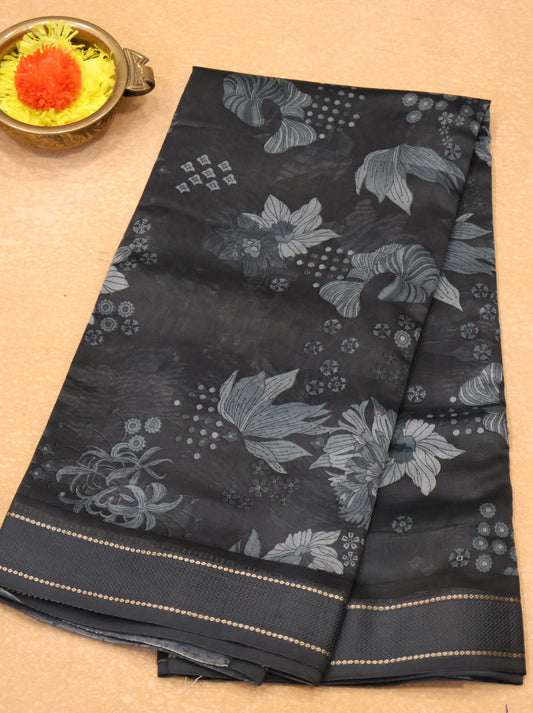 Pure Chanderi Saree -Grey Aqua Floral Double Border