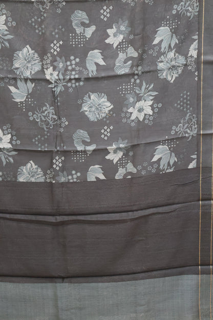 Pure Chanderi Saree -Grey Aqua Floral Double Border