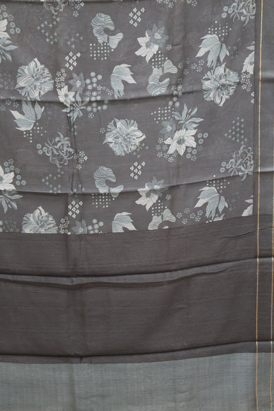 Pure Chanderi Saree -Grey Aqua Floral Double Border
