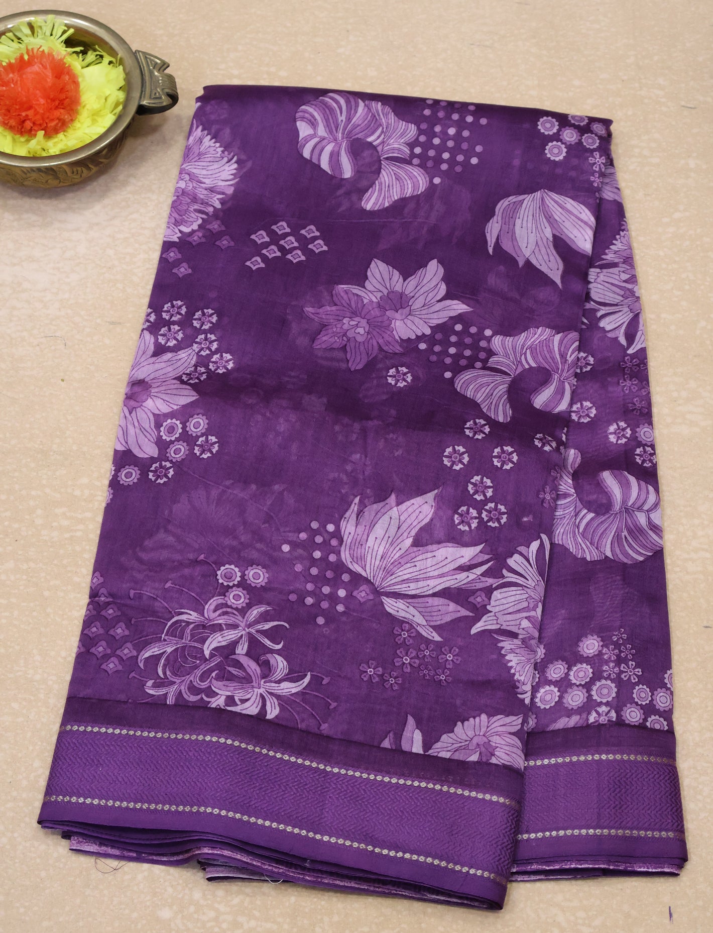 Pure Chanderi Saree -Purple Aqua Floral Double Border