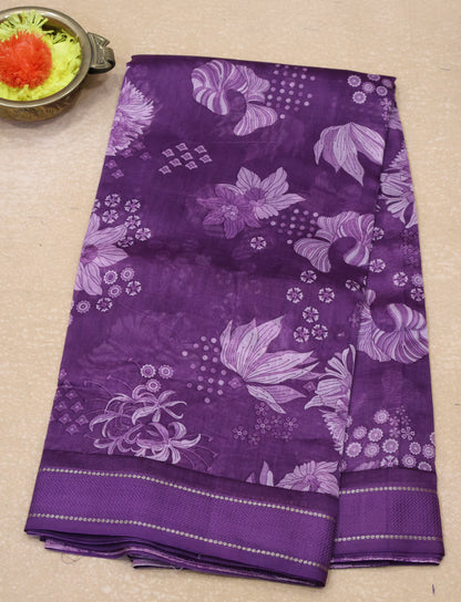 Pure Chanderi Saree -Purple Aqua Floral Double Border