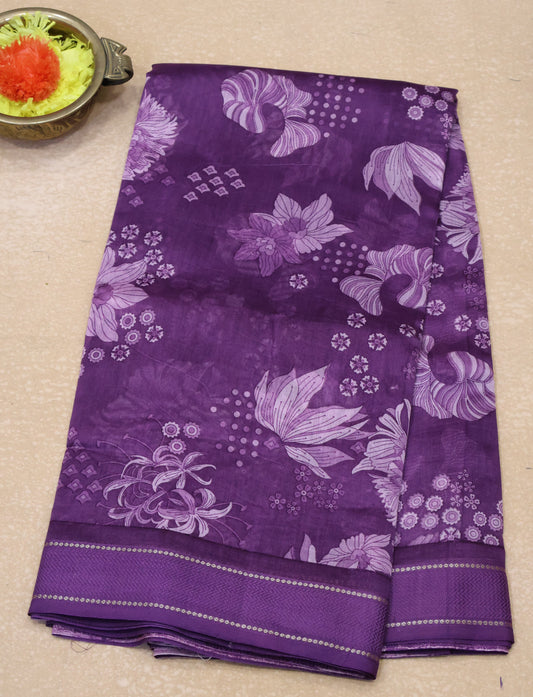 Pure Chanderi Saree -Purple Aqua Floral Double Border