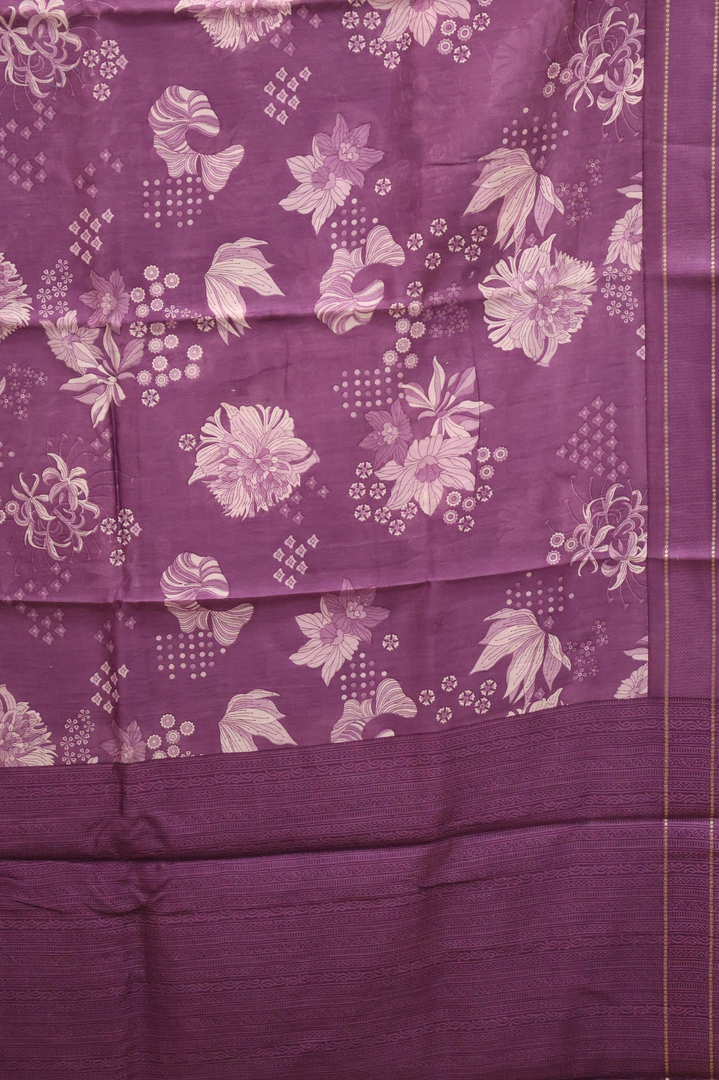 Pure Chanderi Saree -Purple Aqua Floral Double Border