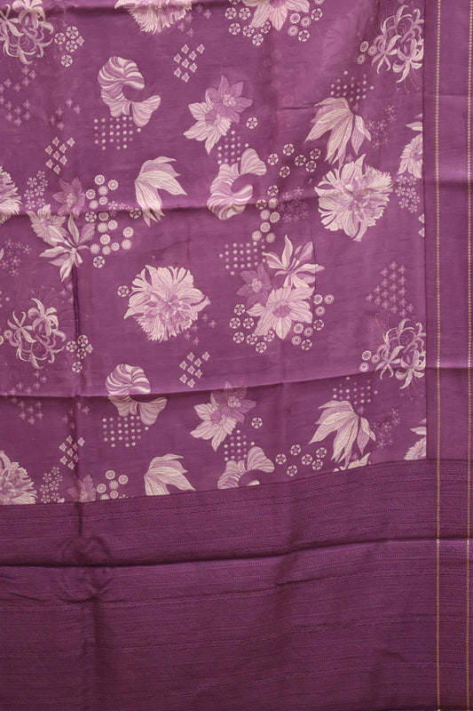 Pure Chanderi Saree -Purple Aqua Floral Double Border