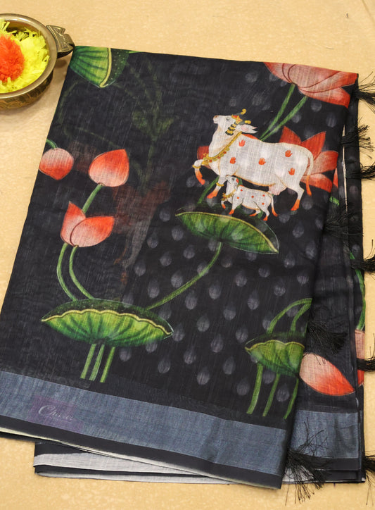 Semi Linen Saree Black-With Pichwai Pattern