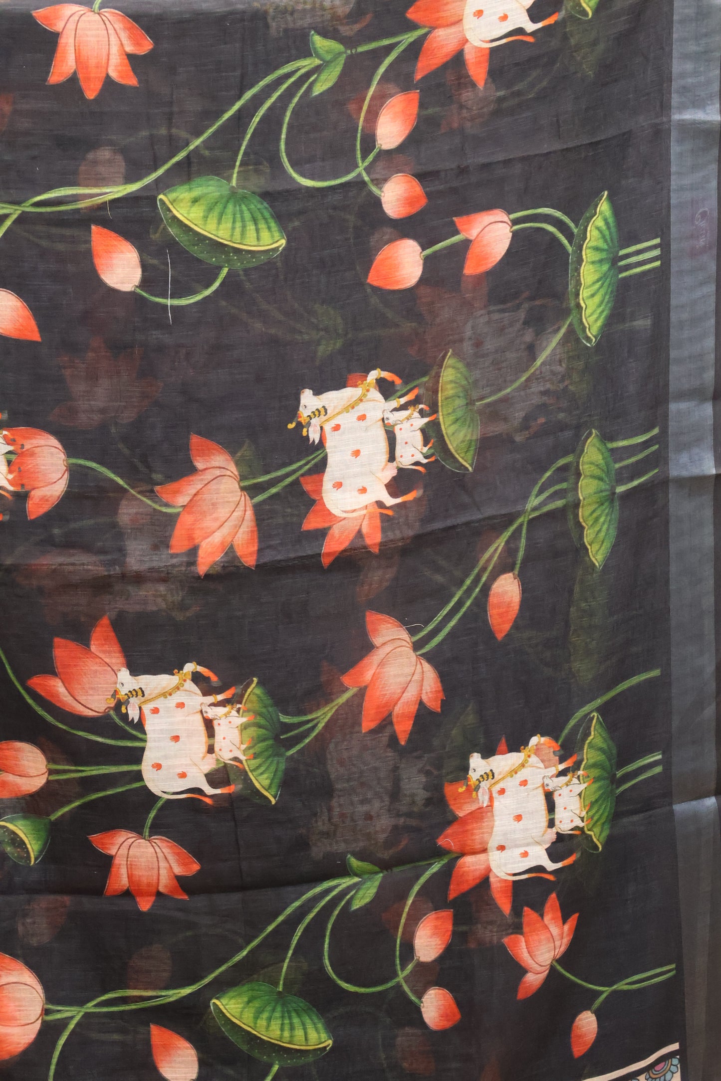 Semi Linen Saree Black-With Pichwai Pattern