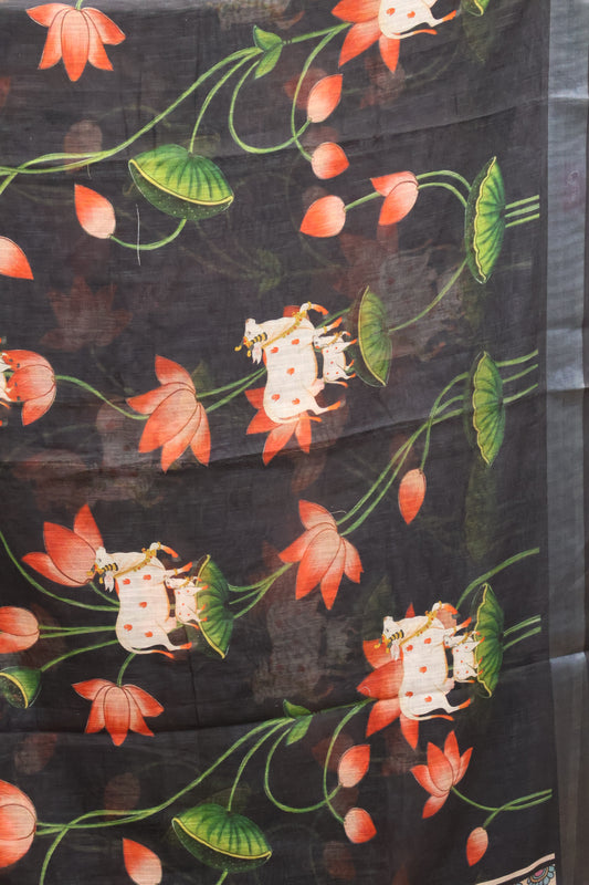 Semi Linen Saree Black-With Pichwai Pattern