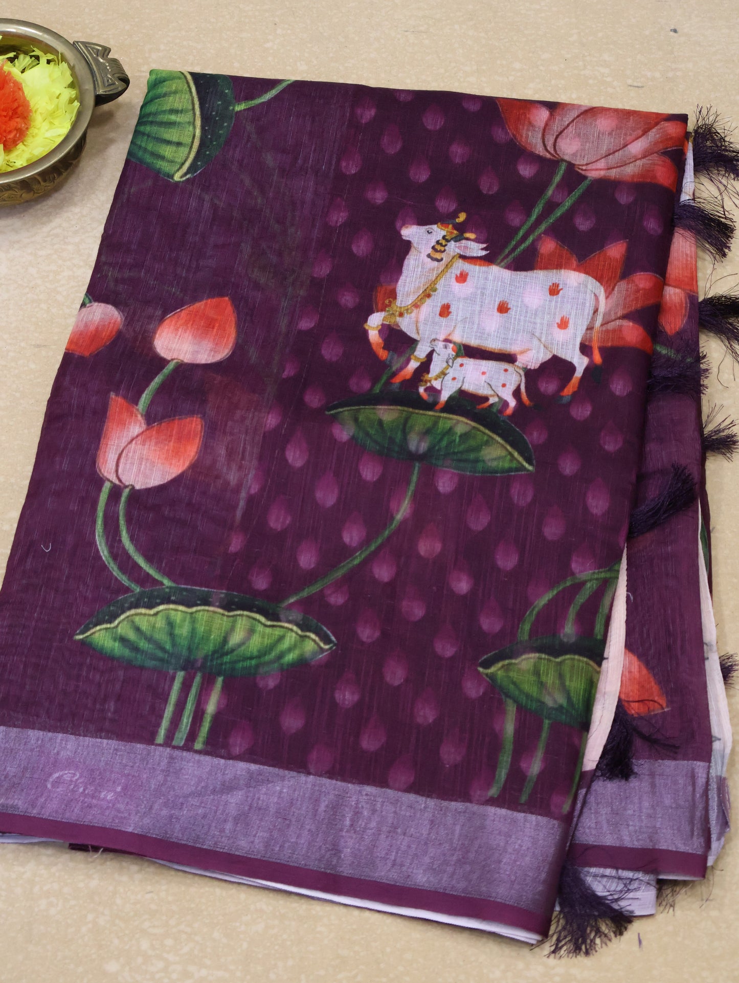 Semi Linen Saree Wine-With Pichwai Pattern