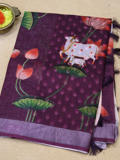 Semi Linen Saree Wine-With Pichwai Pattern
