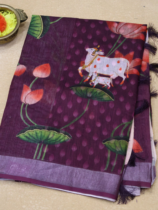 Semi Linen Saree Wine-With Pichwai Pattern