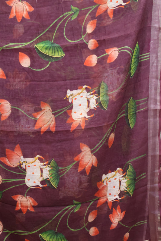 Semi Linen Saree Wine-With Pichwai Pattern