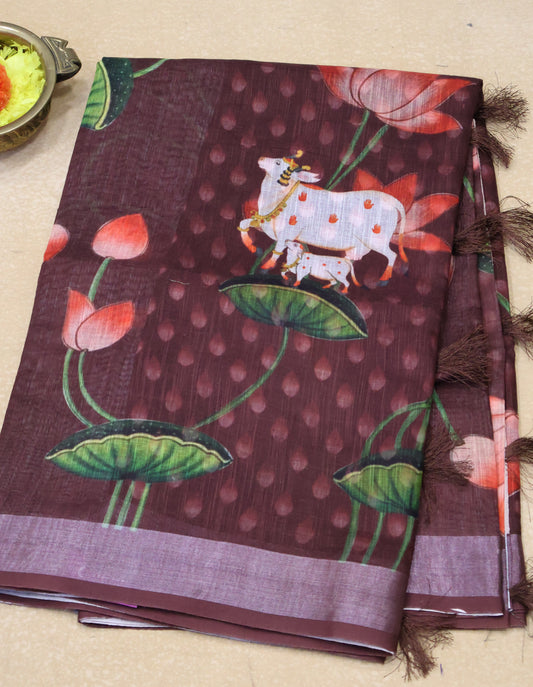 Semi Linen Saree Brown-With Pichwai Pattern