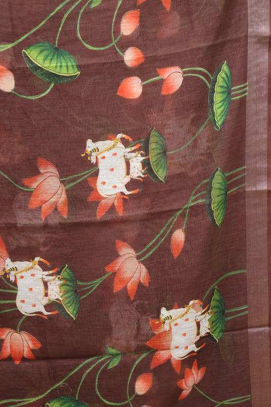 Semi Linen Saree Brown-With Pichwai Pattern