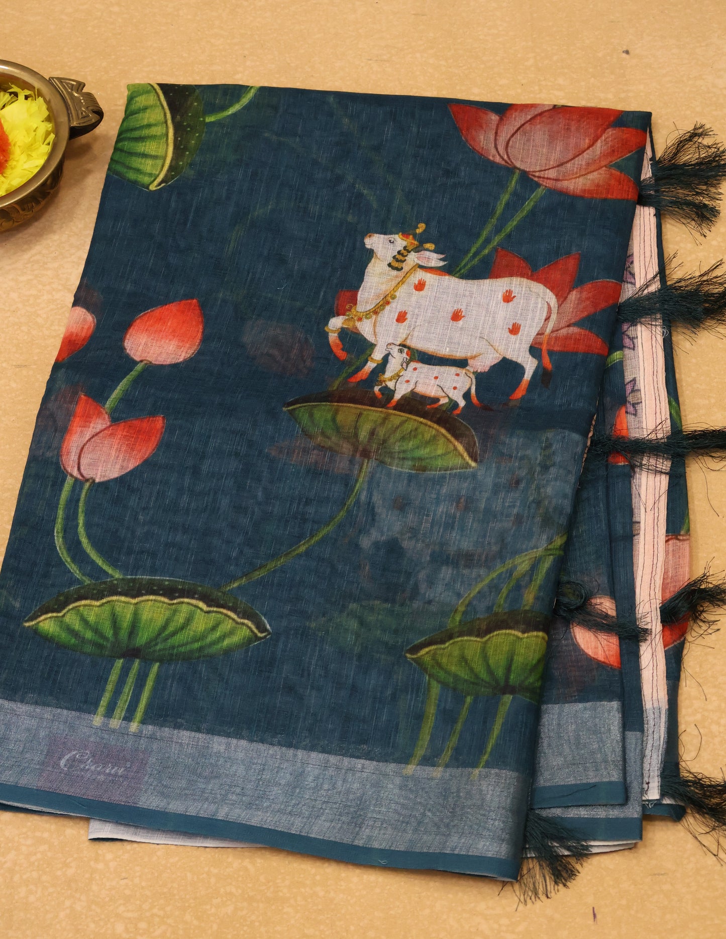 Semi Linen Saree Peacock Blue-With Pichwai Pattern