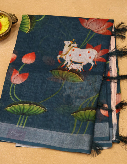 Semi Linen Saree Peacock Blue-With Pichwai Pattern