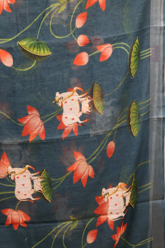 Semi Linen Saree Peacock Blue-With Pichwai Pattern