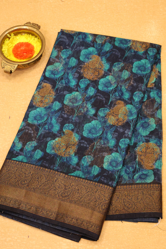 Printed Bamboo Silk Saree-Blue Floral print