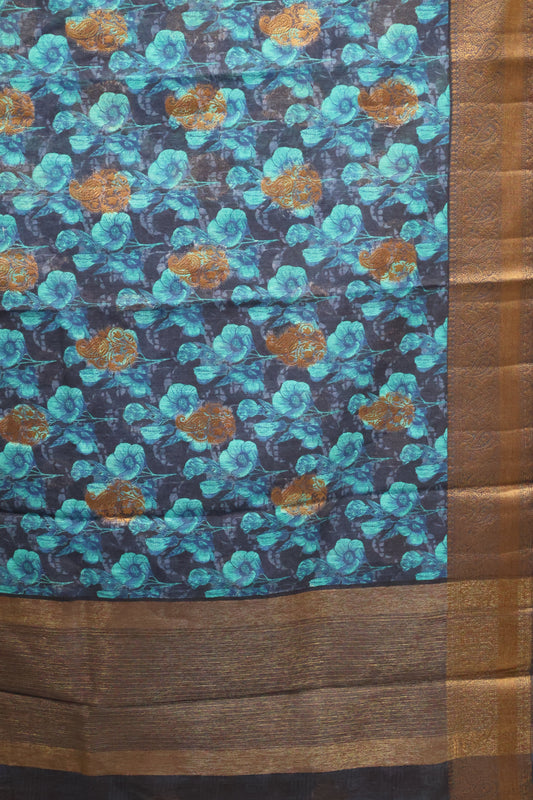 Printed Bamboo Silk Saree-Blue Floral print